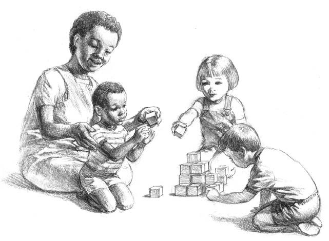 A group of children play with blocks together. One of the children's mother sits and plays with them.
